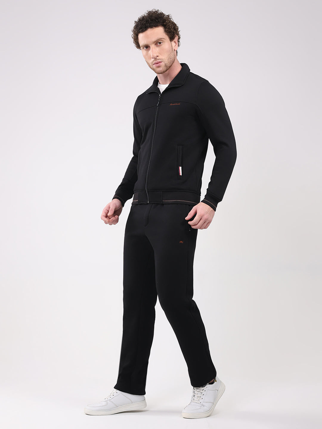 Men Black Solid Collar Full Sleeve Winter Tracksuit