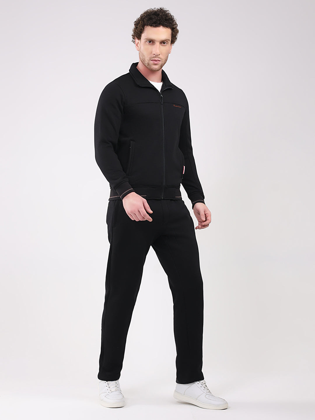 Men Black Solid Collar Full Sleeve Winter Tracksuit