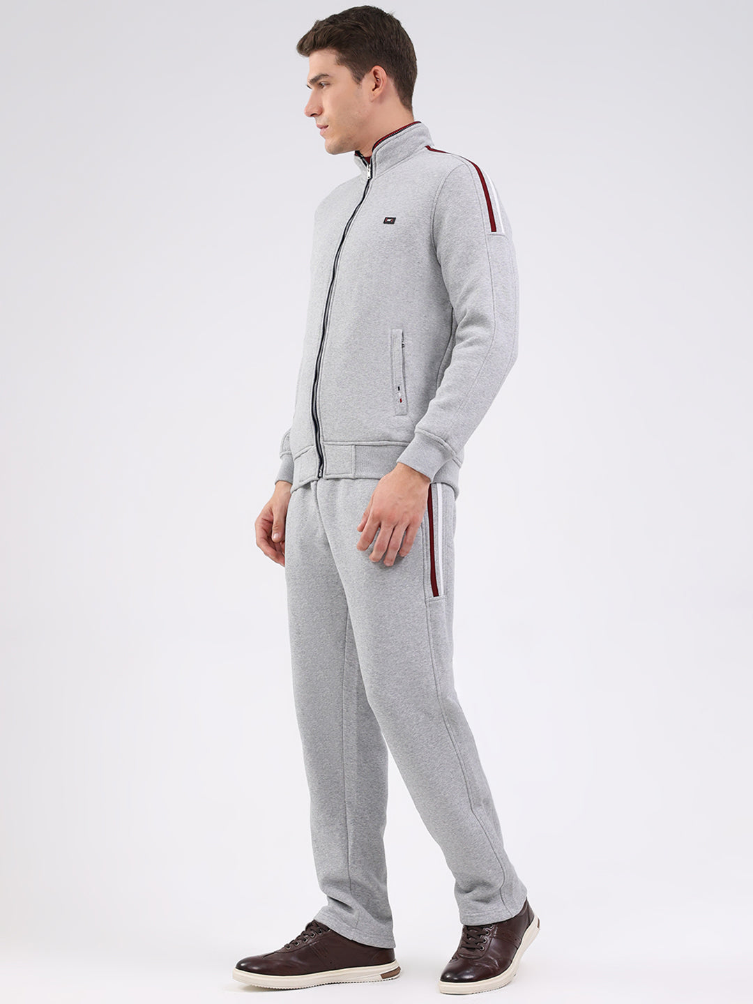 Men Grey Solid Mock Neck Full Sleeve Winter Tracksuit