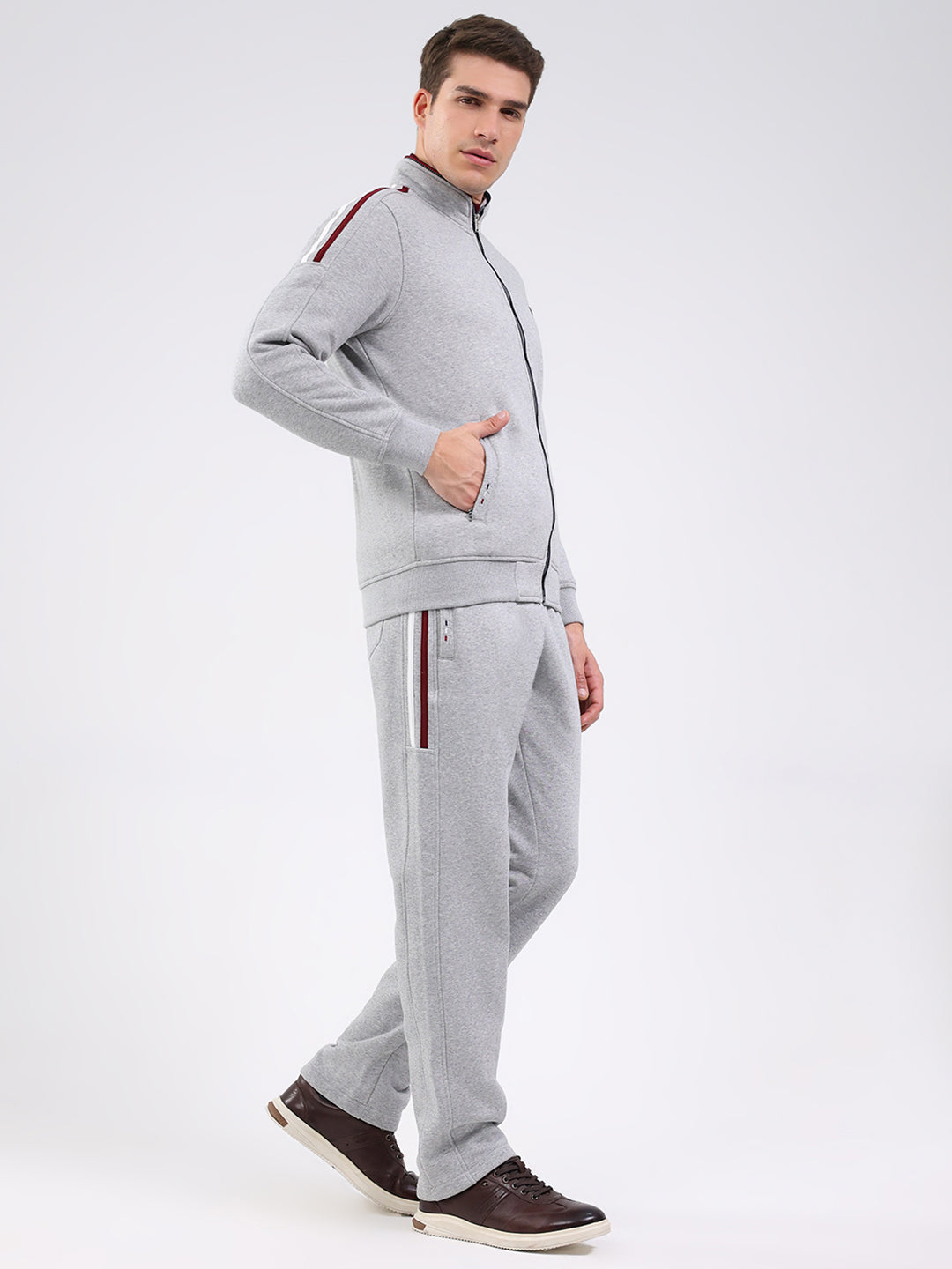 Men Grey Solid Mock Neck Full Sleeve Winter Tracksuit