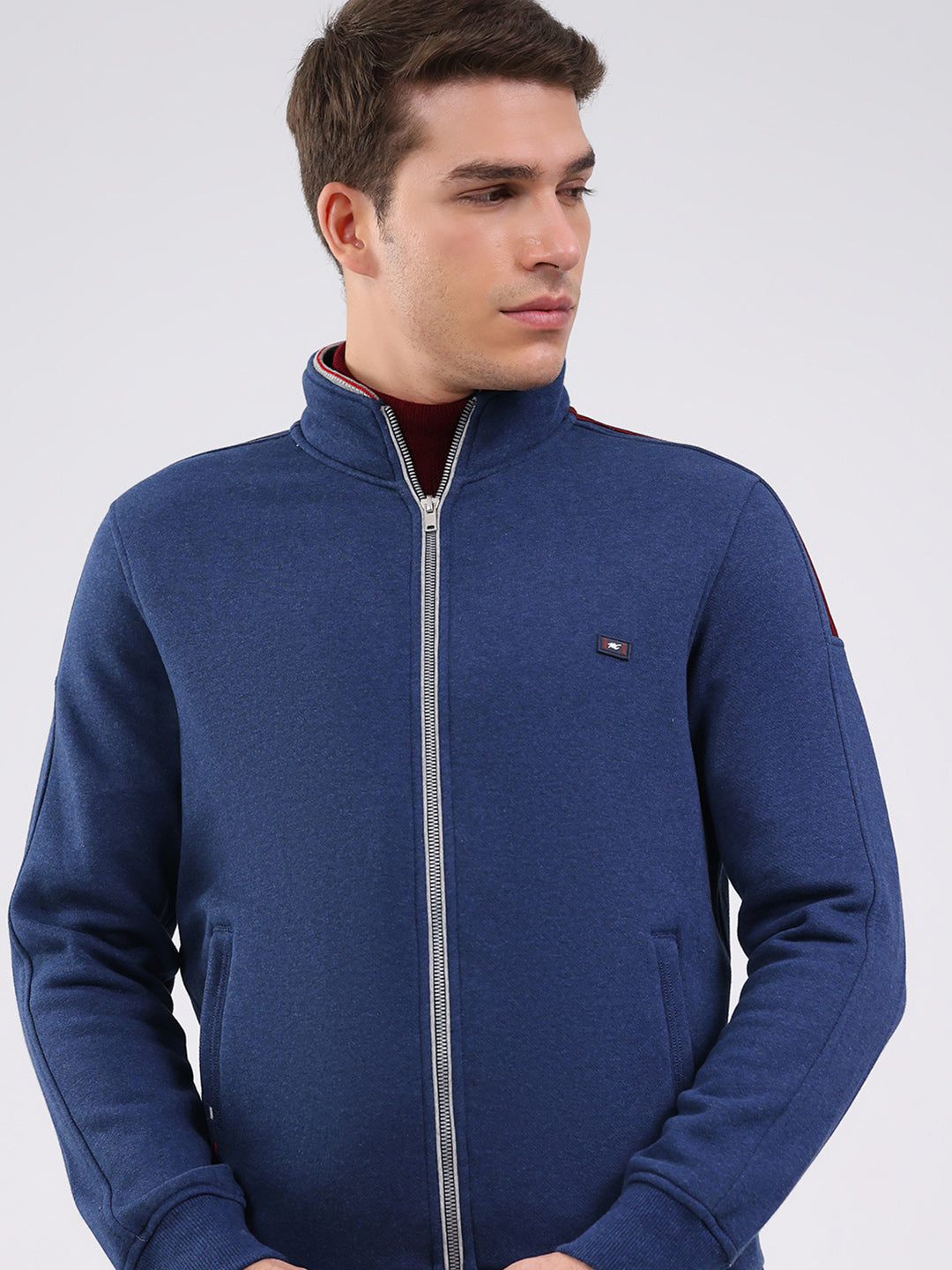Men Blue Solid Mock Neck Full Sleeve Winter Tracksuit