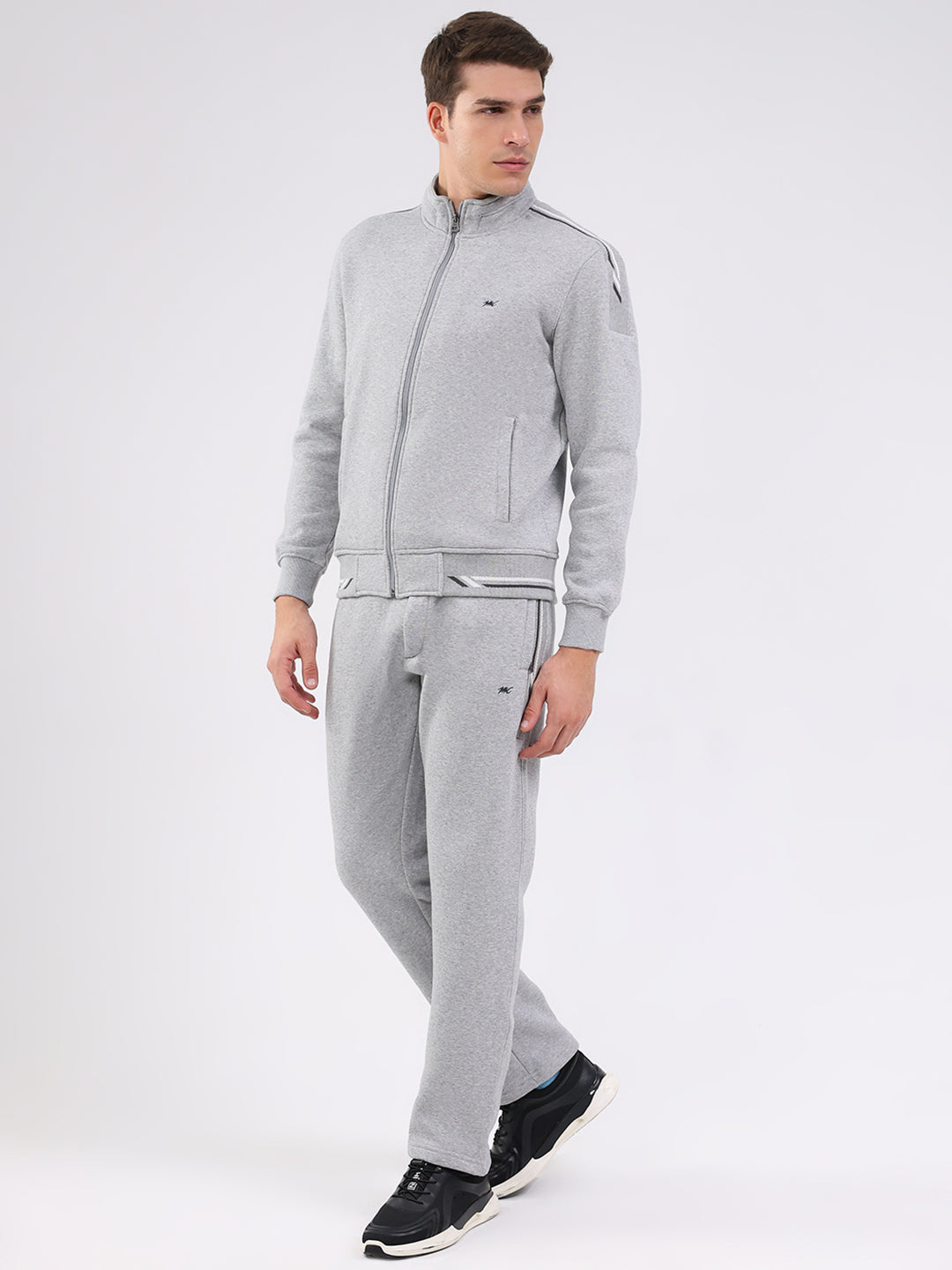 Men Grey Solid Mock Neck Full Sleeve Winter Tracksuit