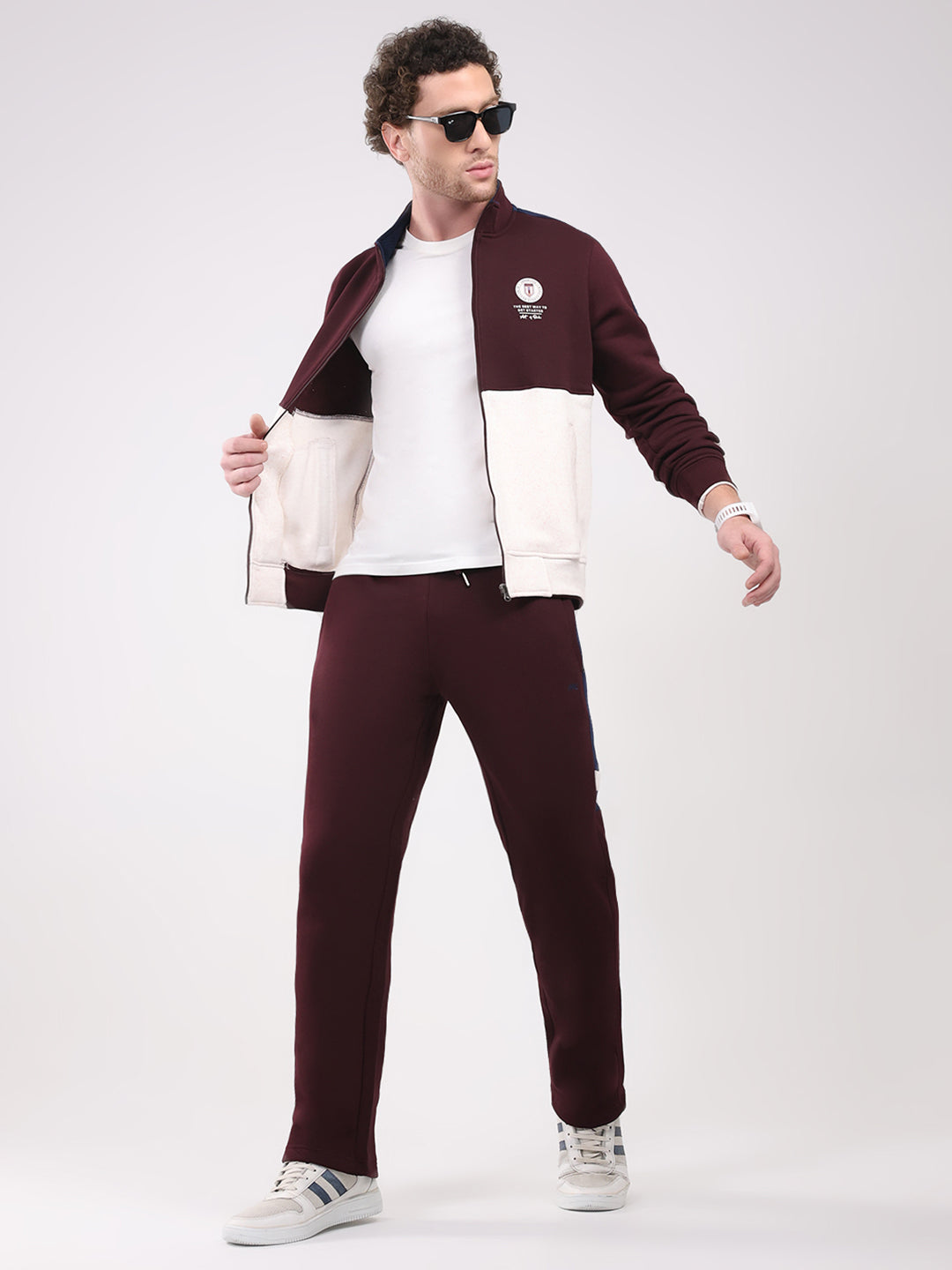 Men Maroon Solid Collar Full Sleeve Winter Tracksuit