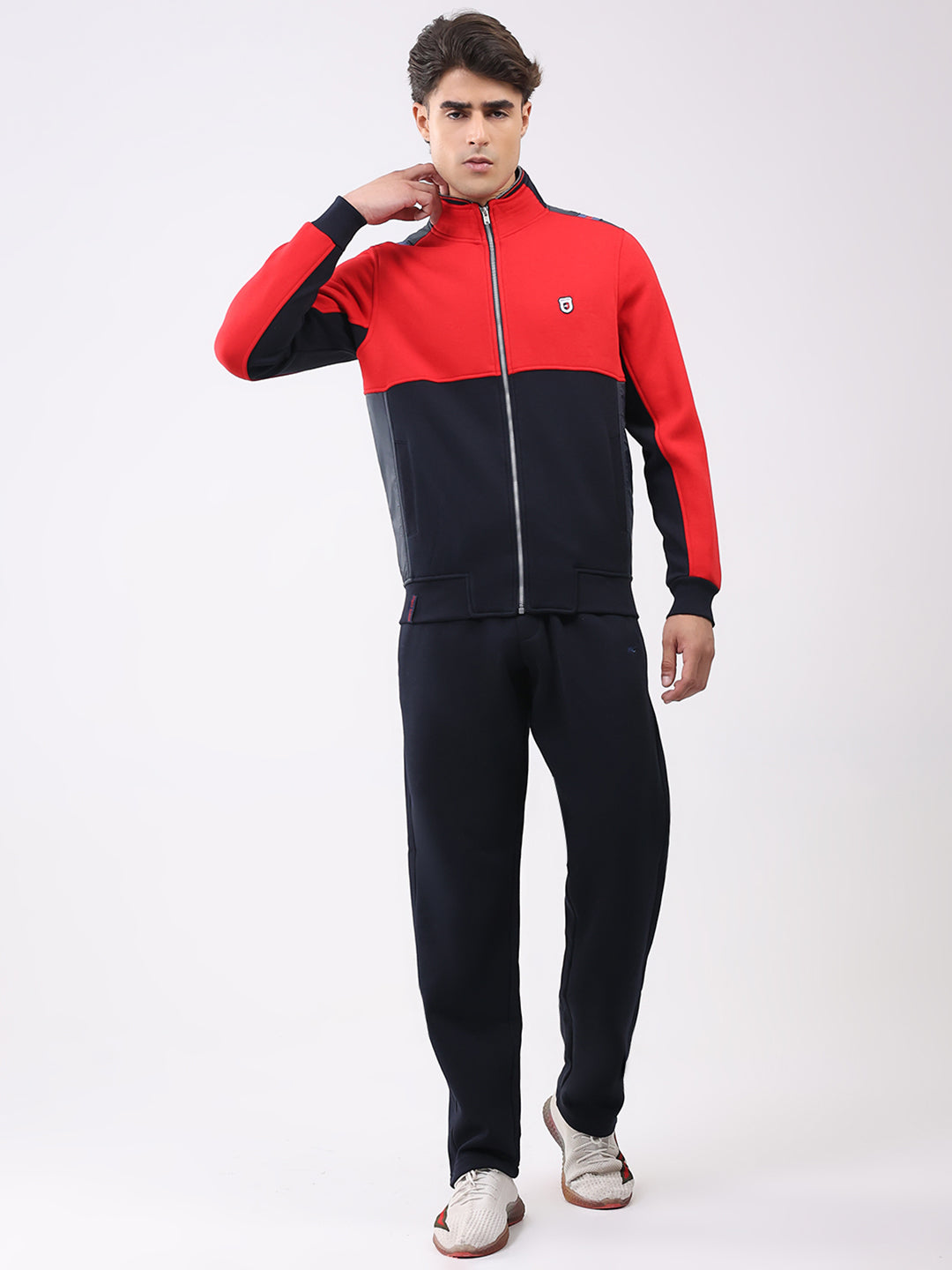 Men Navy Blue Solid Collar Full Sleeve Winter Tracksuit