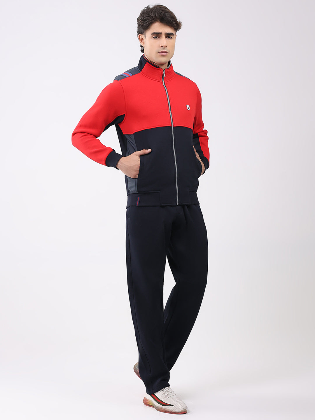 Men Navy Blue Solid Collar Full Sleeve Winter Tracksuit