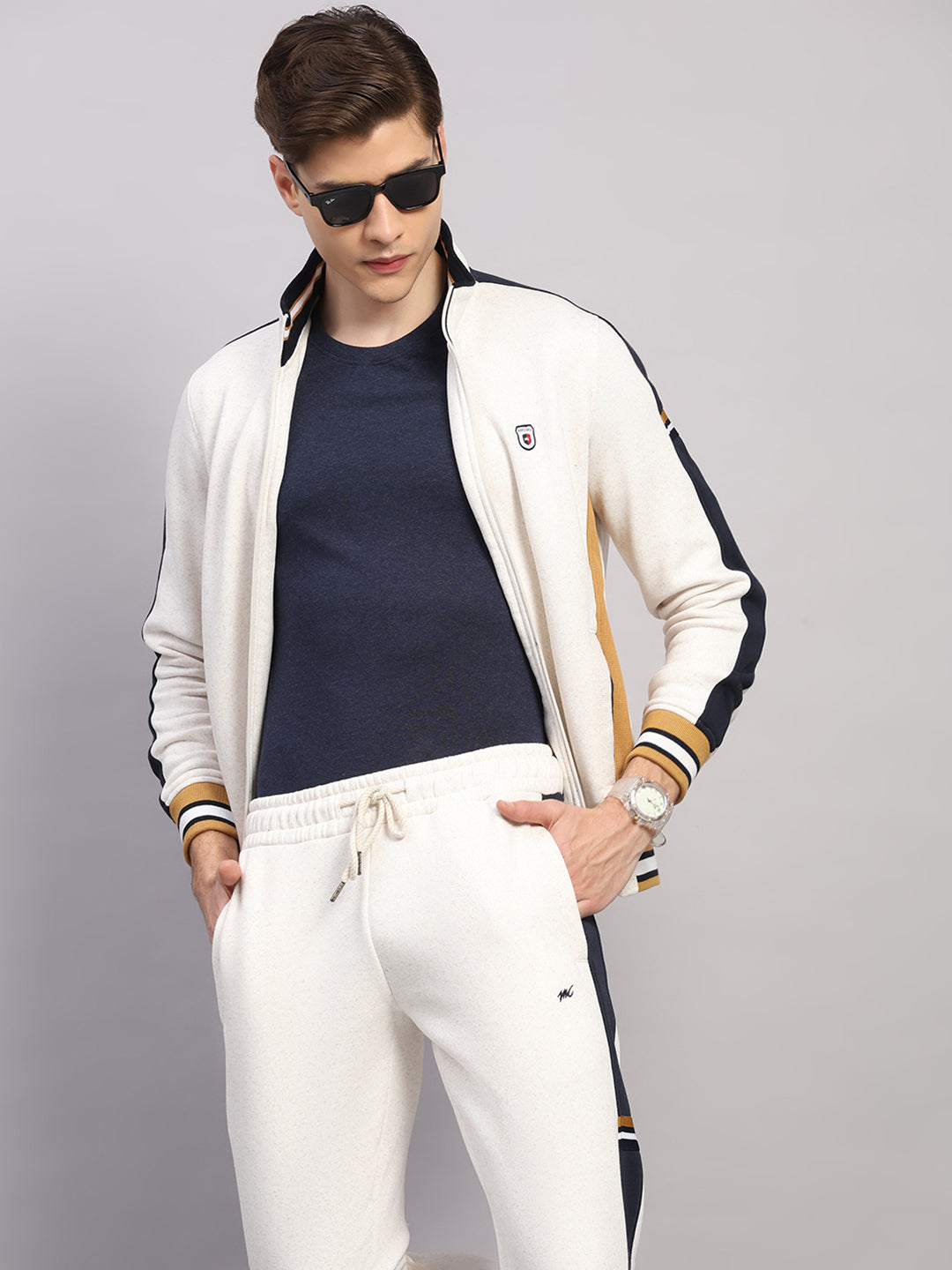 Men Camel Brown Solid Collar Full Sleeve Winter Tracksuit