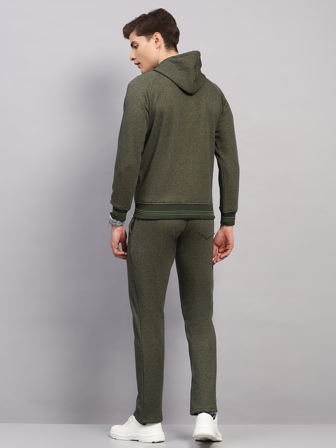 Men Olive Solid Collar Full Sleeve Winter Tracksuit