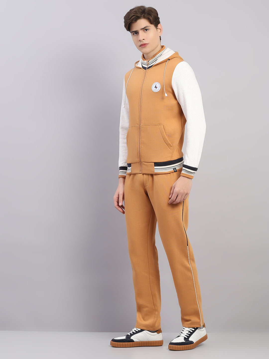Men Camel Brown Solid Hooded Full Sleeve Winter Tracksuit