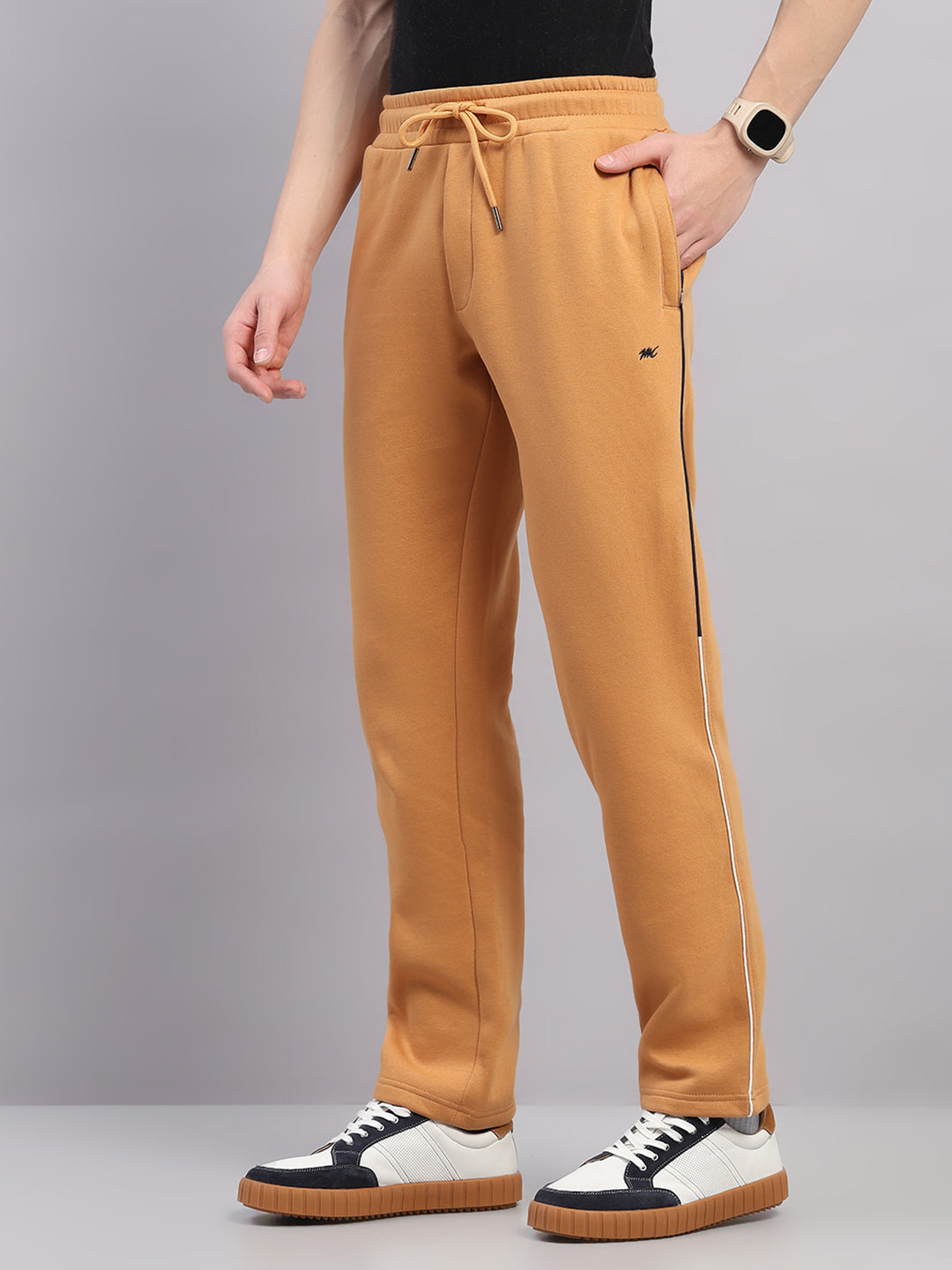 Men Camel Brown Solid Hooded Full Sleeve Winter Tracksuit