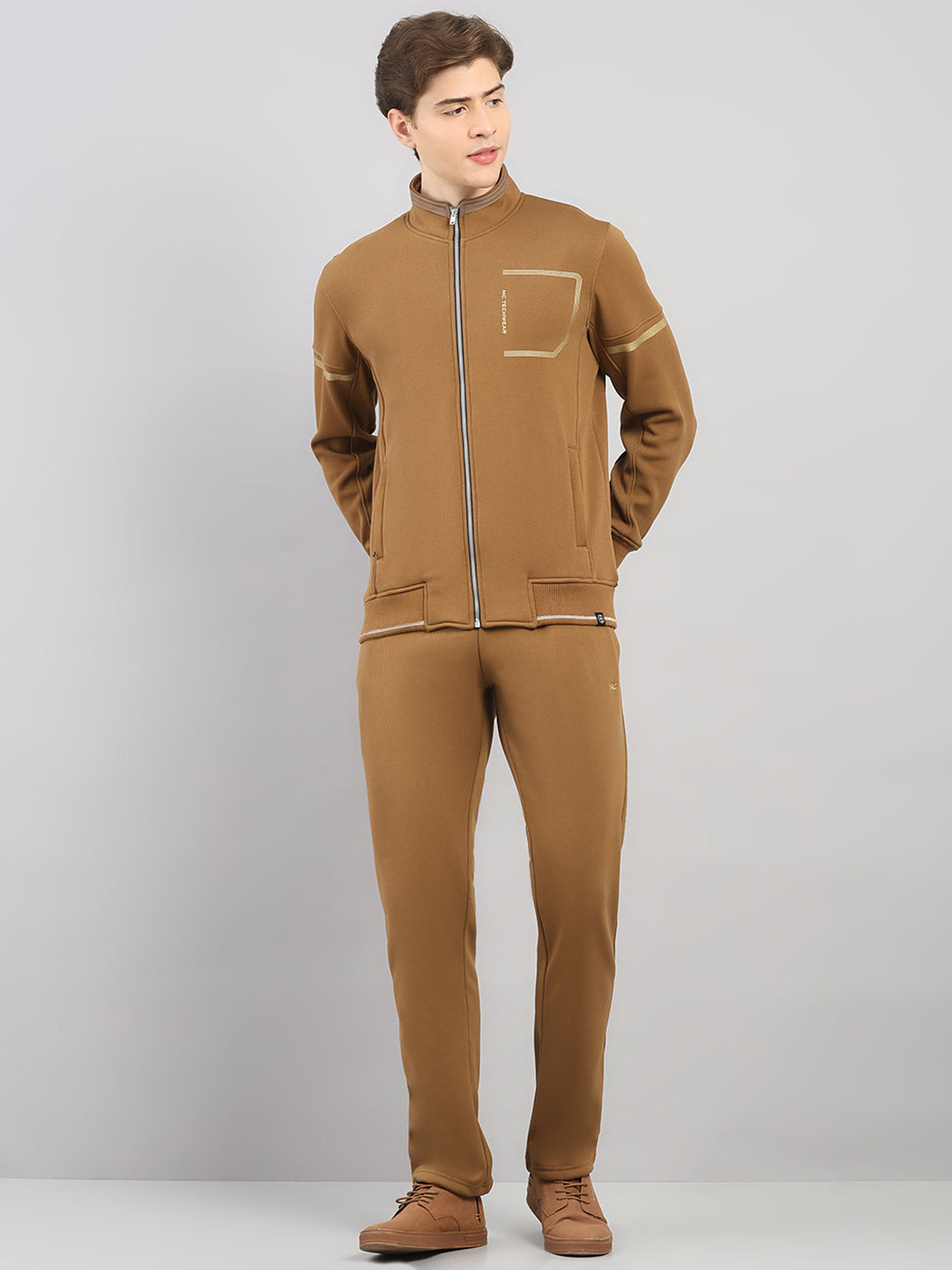 Men Brown Solid Stand Collar Full Sleeve Winter Tracksuit
