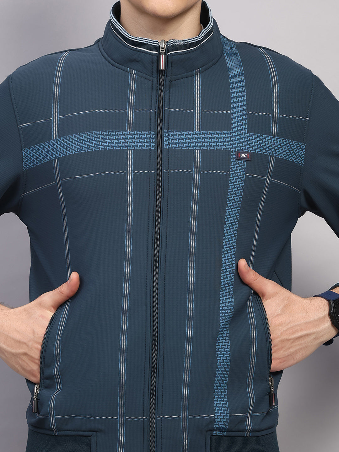 Men Teal Blue Solid Collar Full Sleeve Winter Tracksuit