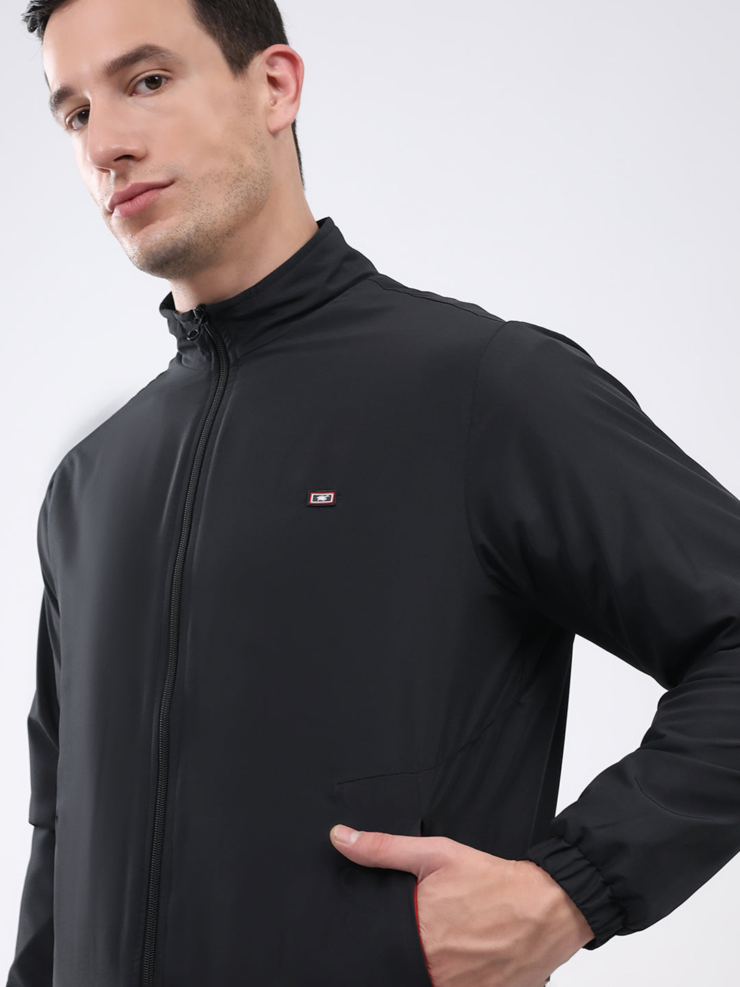 Men Black Solid Mock Neck Full Sleeve Winter Tracksuit