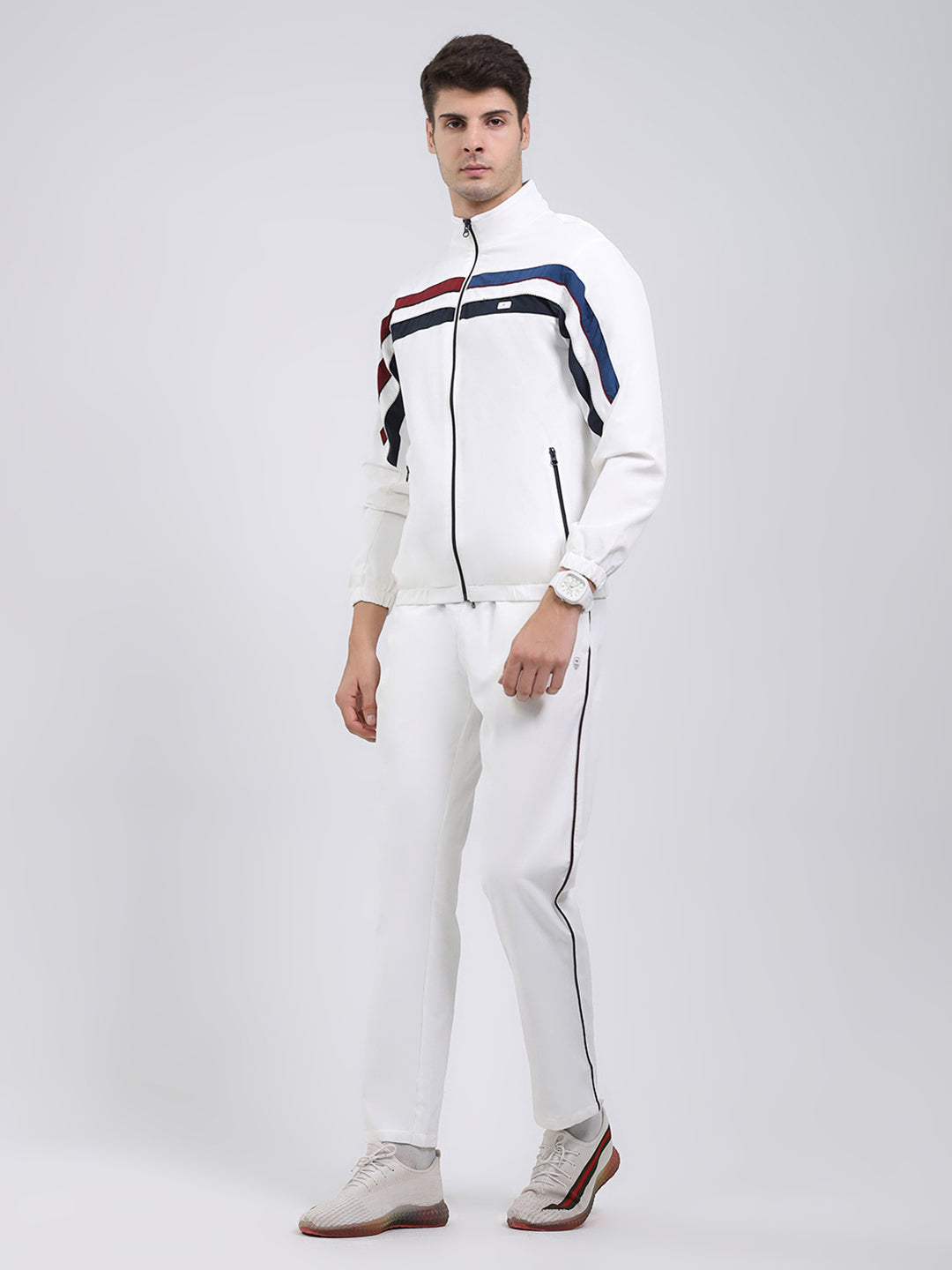Men White Solid Mock Neck Full Sleeve Winter Tracksuit