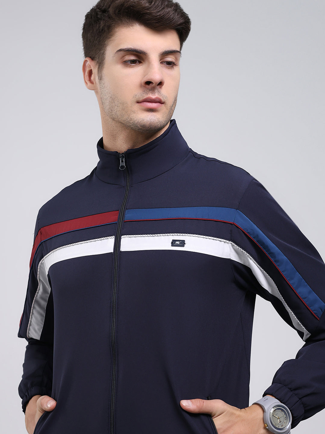 Men Navy Blue Solid Mock Neck Full Sleeve Winter Tracksuit