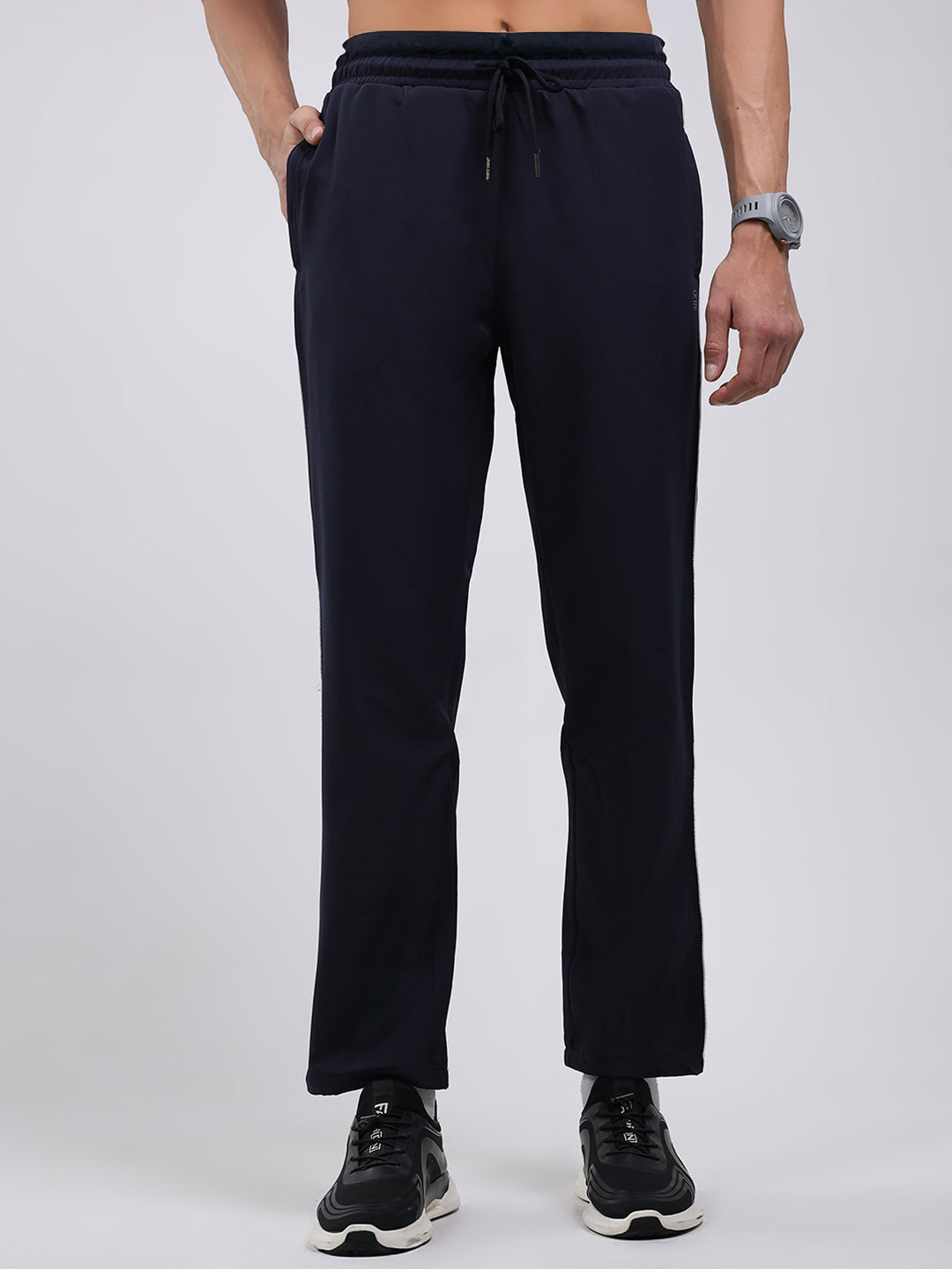 Men Navy Blue Solid Mock Neck Full Sleeve Winter Tracksuit