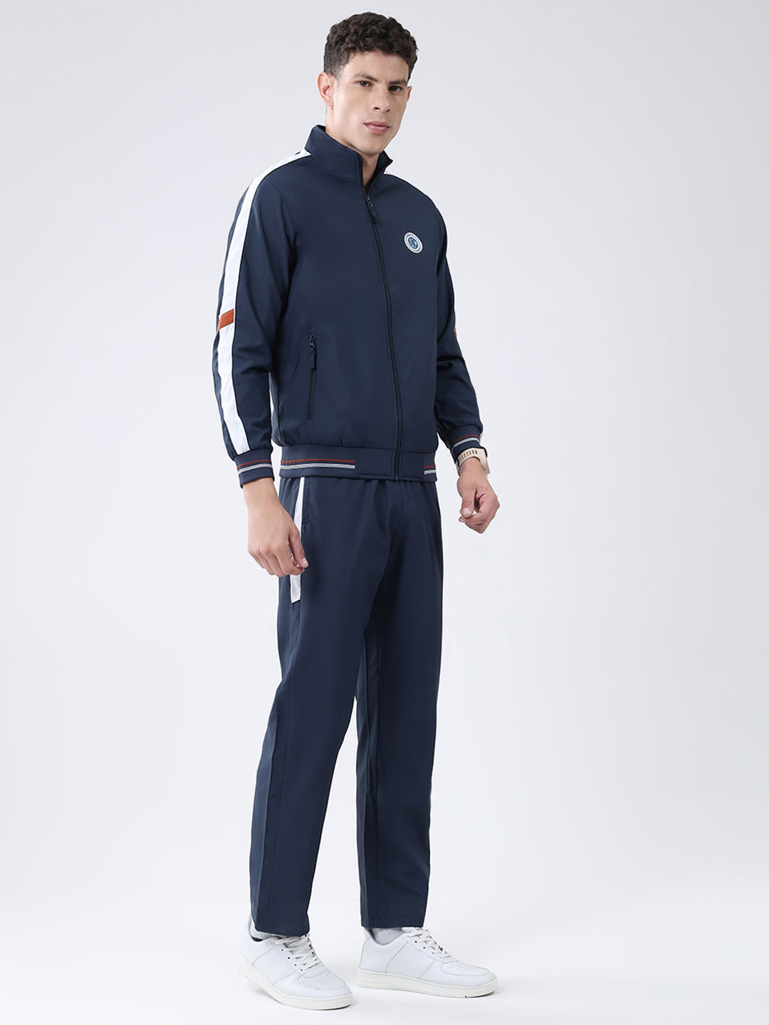 Men Navy Blue Solid Mock Neck Full Sleeve Winter Tracksuit