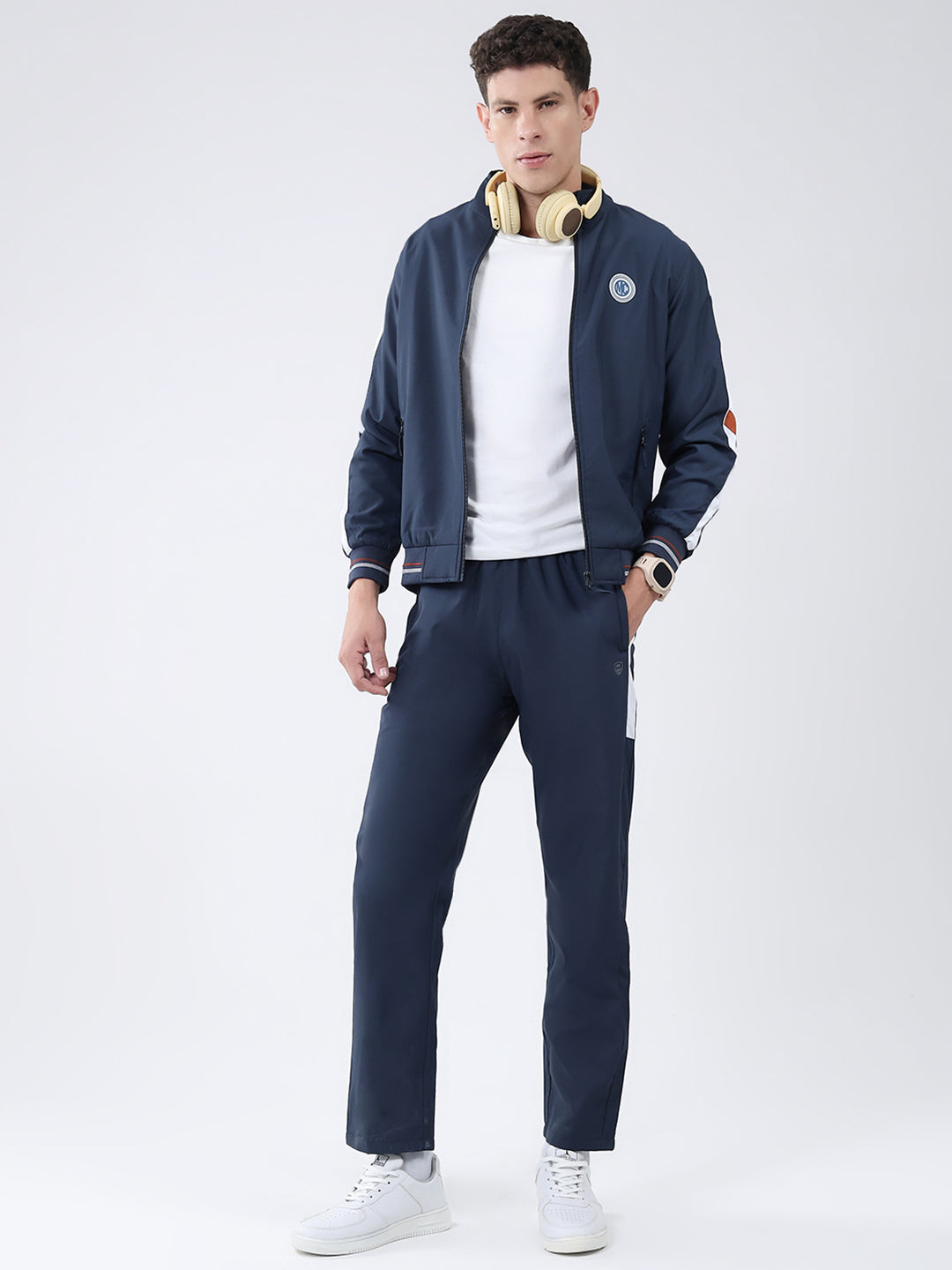 Men Navy Blue Solid Mock Neck Full Sleeve Winter Tracksuit