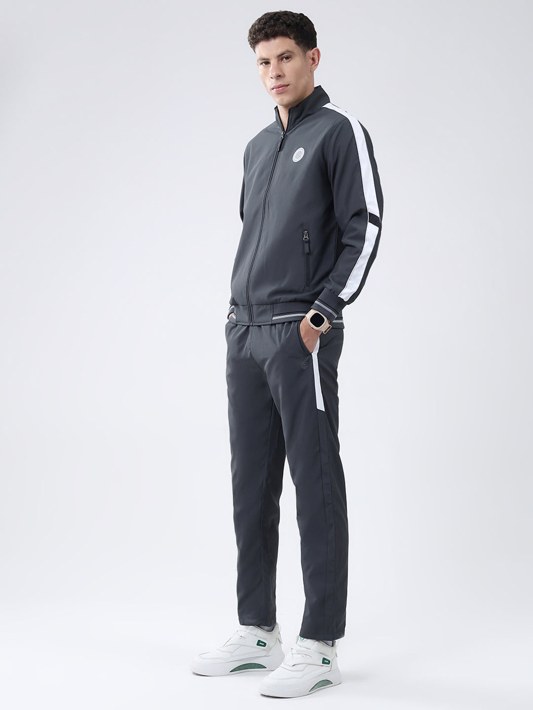 Men Charcoal Solid Mock Neck Full Sleeve Winter Tracksuit