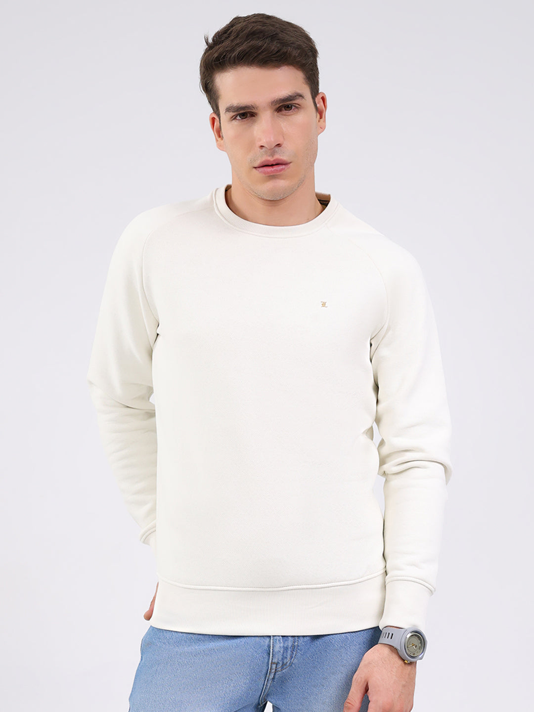 Luxuria Men Cream Solid Round Neck Full Sleeve Sweatshirt