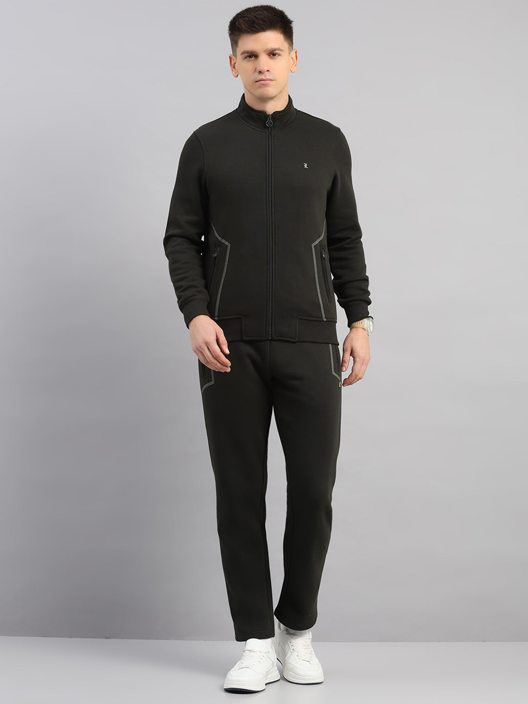 Luxuria Men Olive Solid Collar Full Sleeve Winter Tracksuit