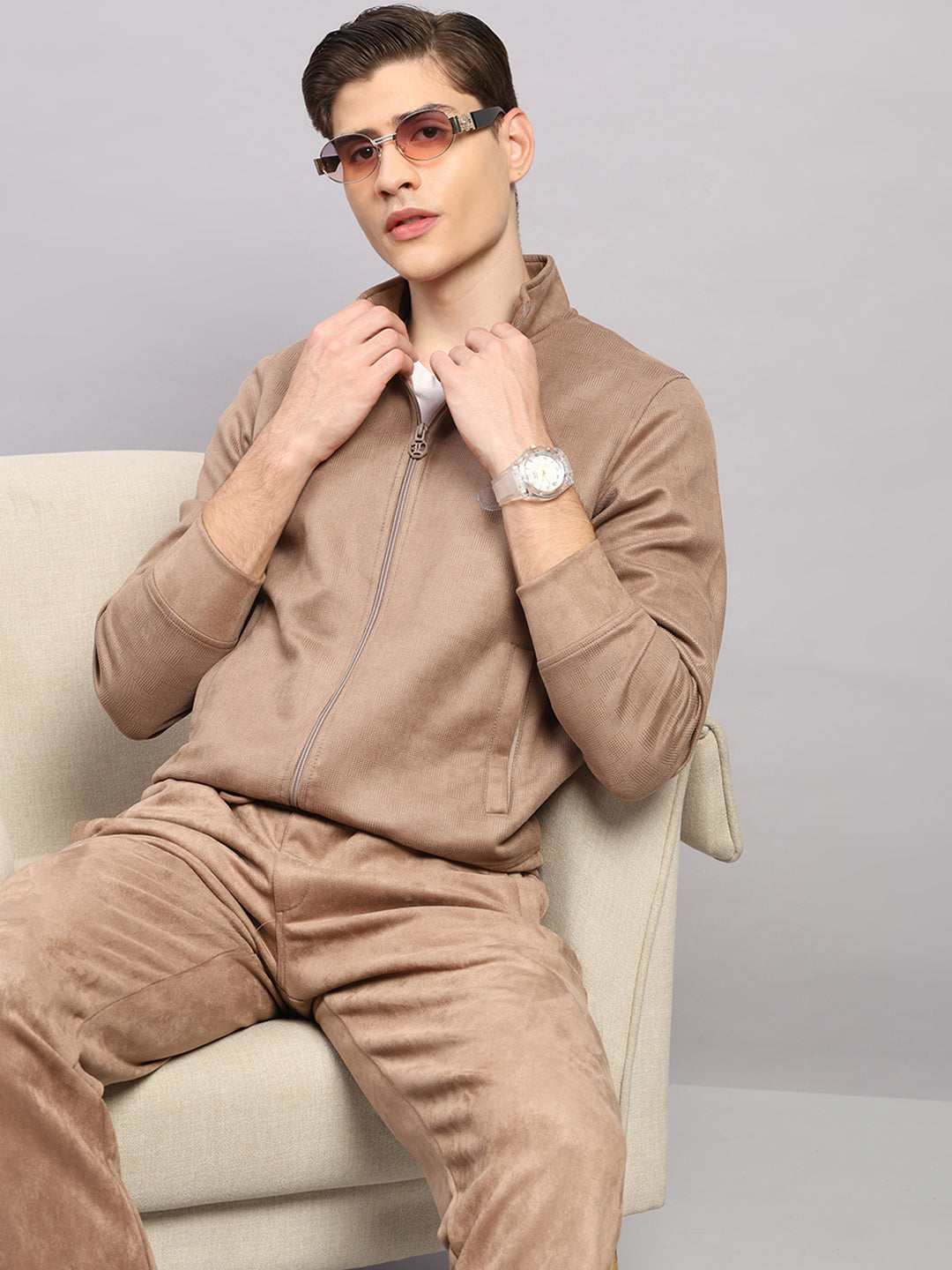 Luxuria Men Camel Brown Solid Collar Full Sleeve Winter Tracksuit