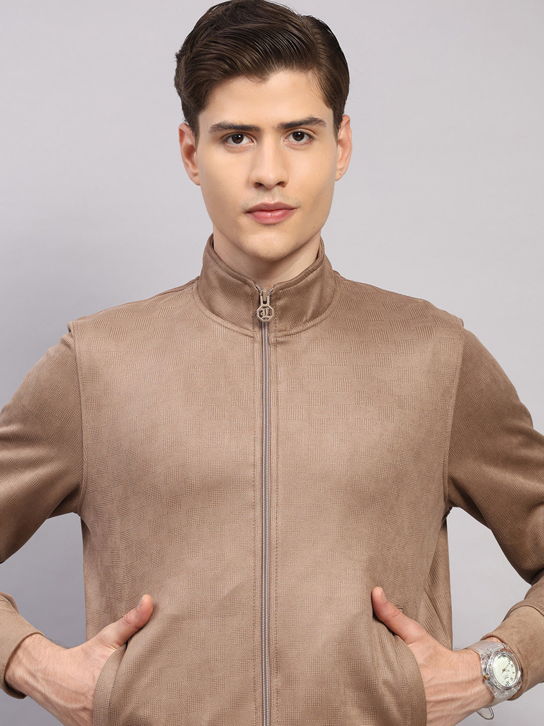 Luxuria Men Camel Brown Solid Collar Full Sleeve Winter Tracksuit