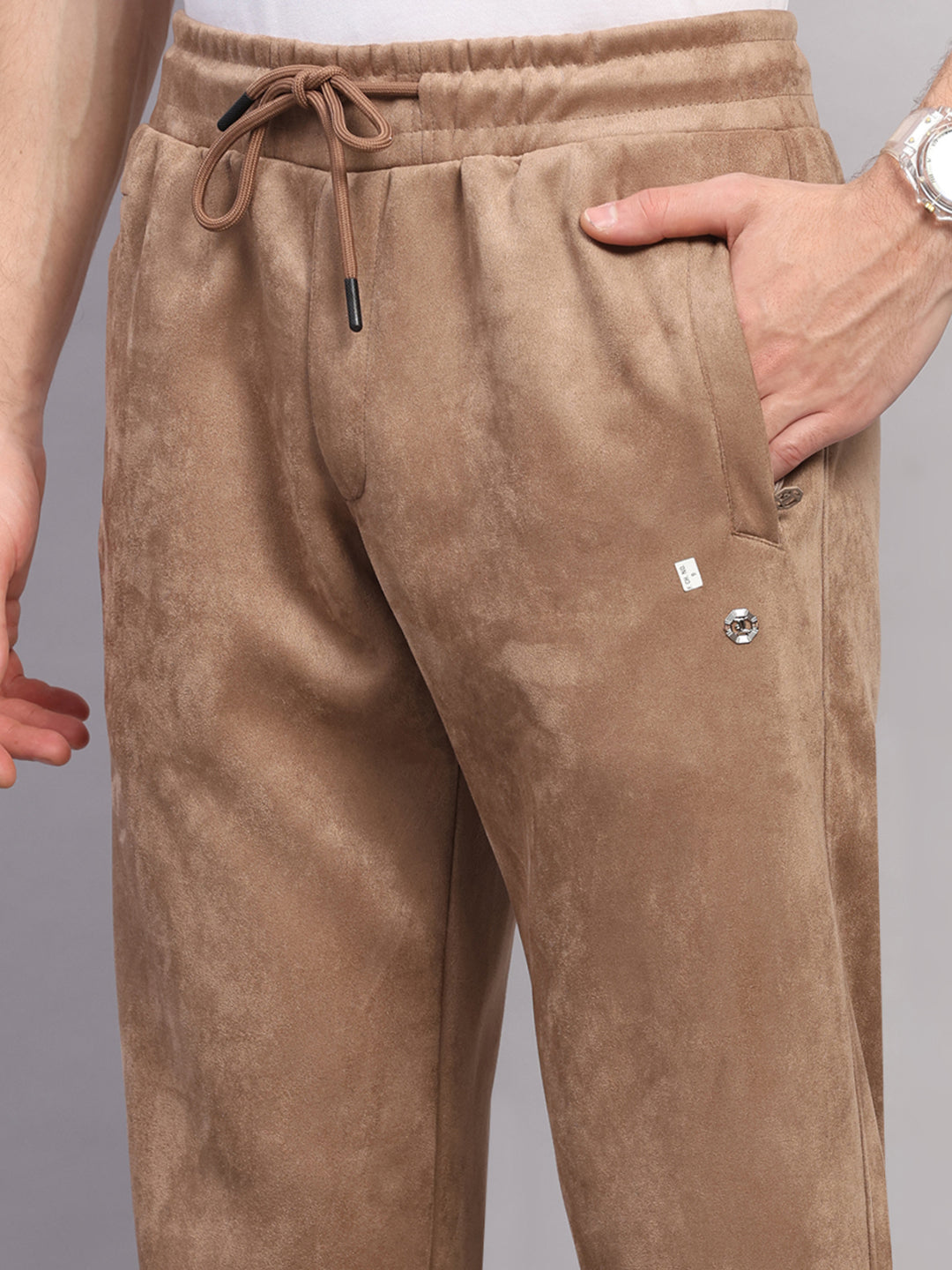 Luxuria Men Camel Brown Solid Collar Full Sleeve Winter Tracksuit