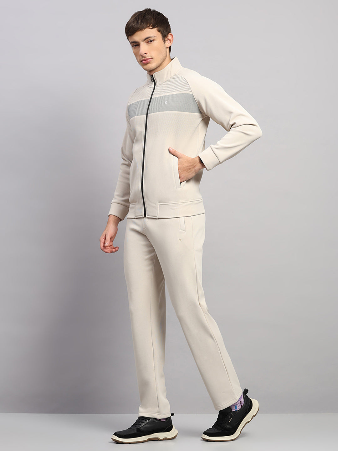 Luxuria Men Beige Solid Collar Full Sleeve Winter Tracksuit