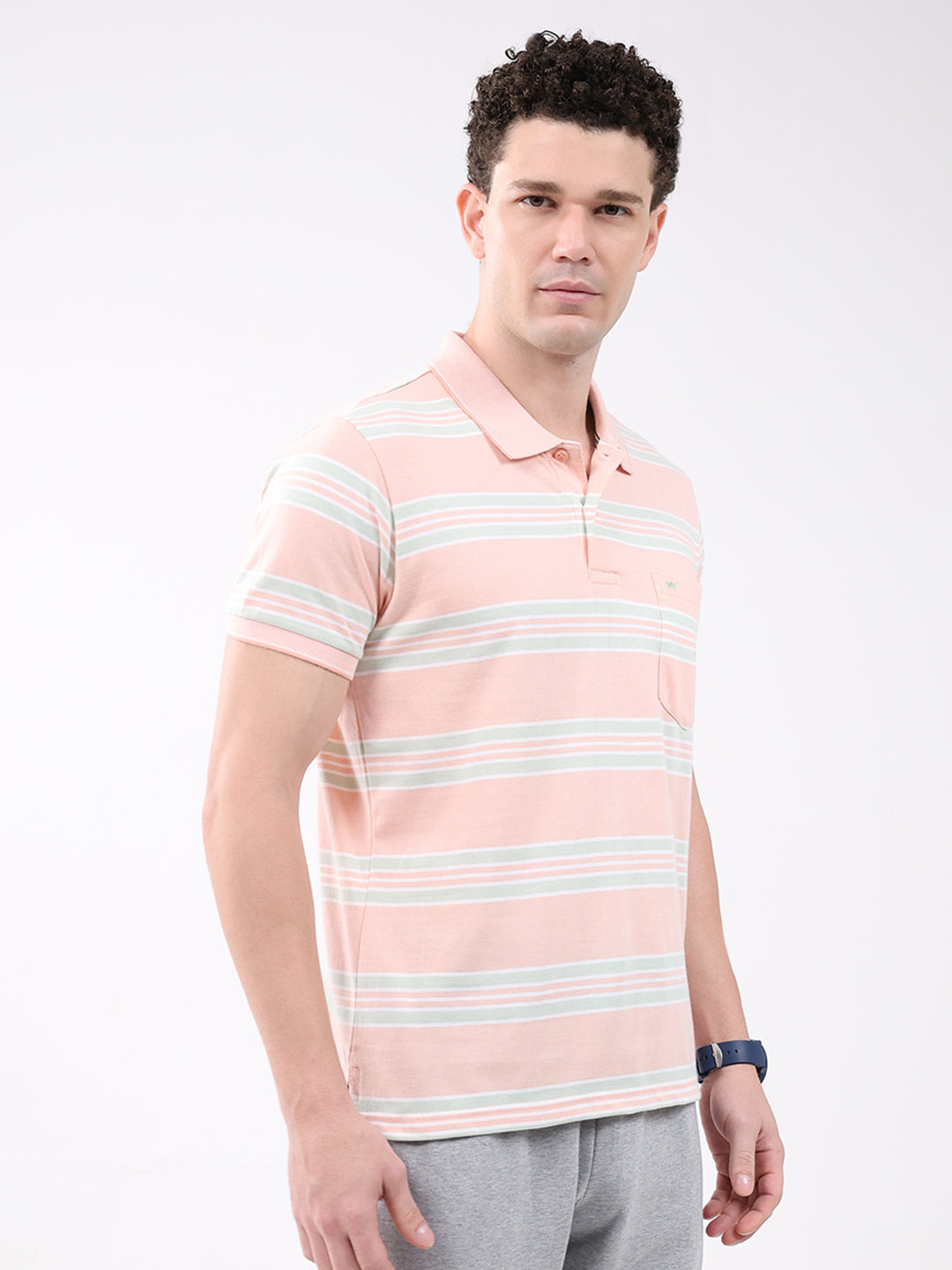 Men Peach Stripe Collar Half Sleeve T-Shirt