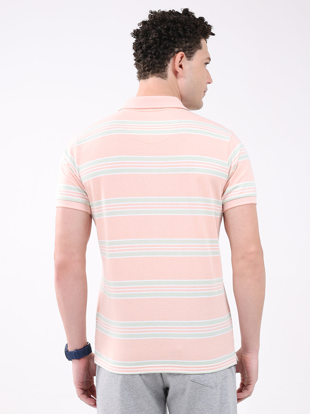 Men Peach Stripe Collar Half Sleeve T-Shirt