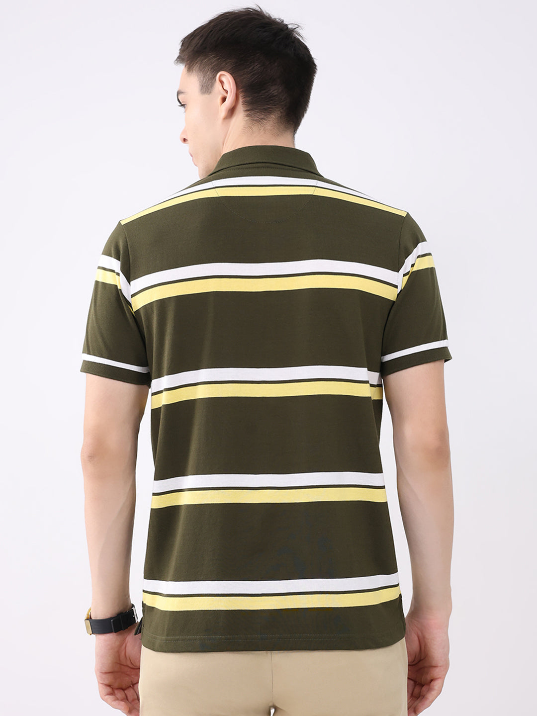 Men Olive Stripe Collar Half Sleeve T-Shirt