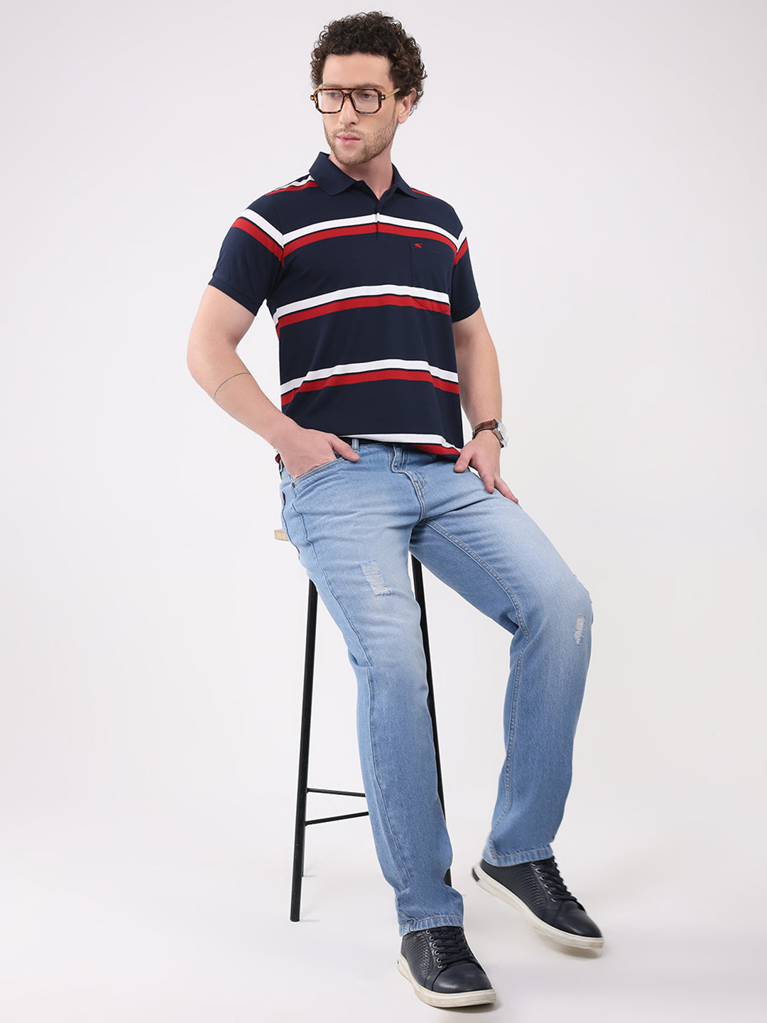 Men Navy Blue Stripe Collar Half Sleeve T-Shirt