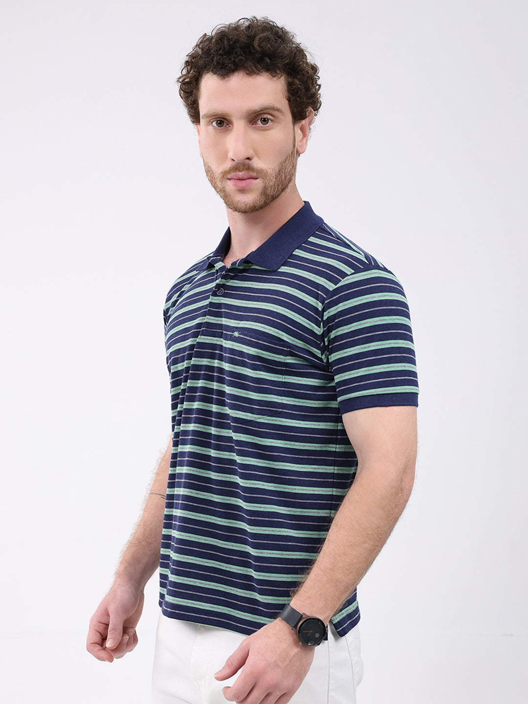 Men Navy Blue Stripe Collar Half Sleeve T-Shirt