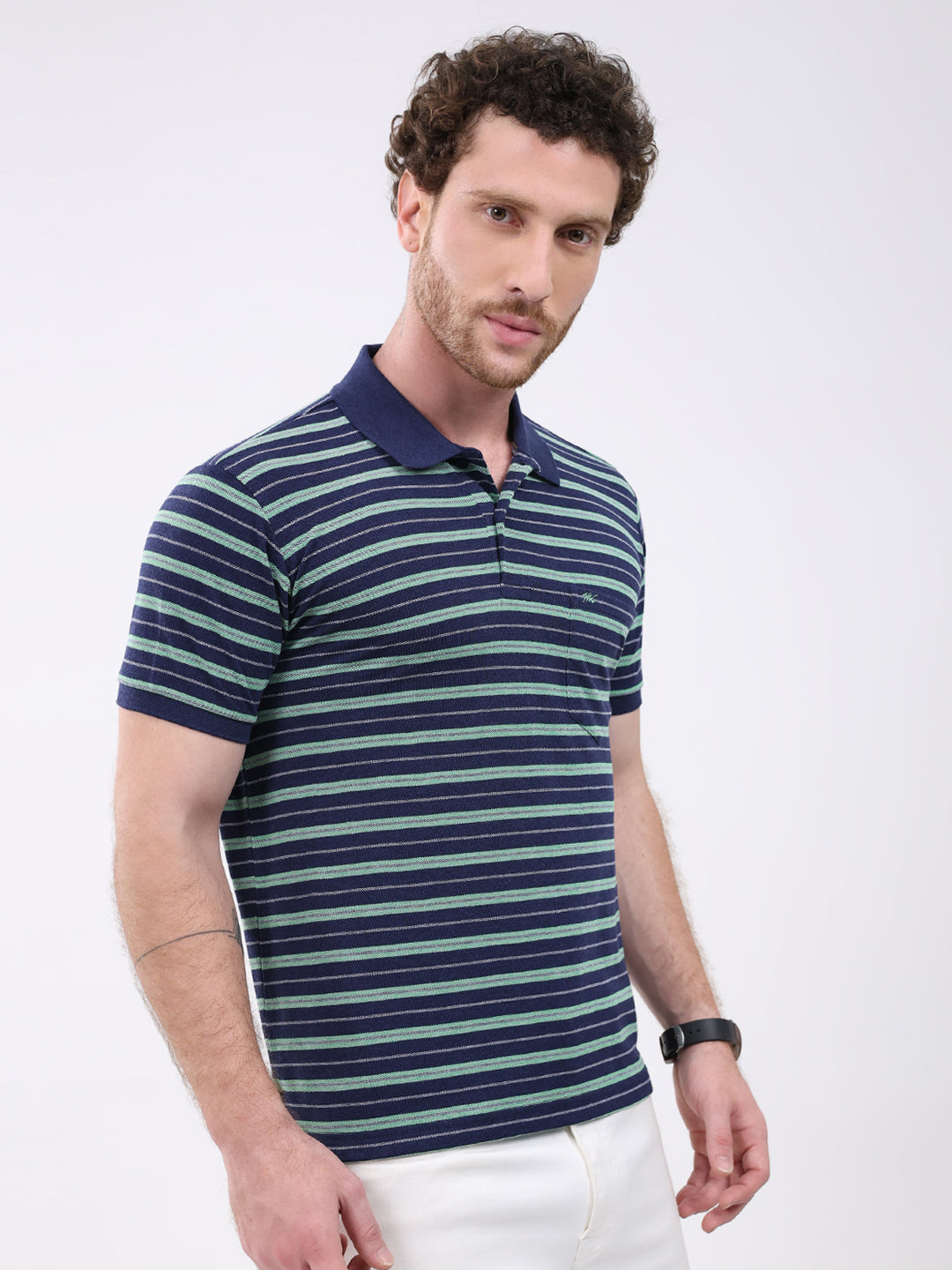Men Navy Blue Stripe Collar Half Sleeve T-Shirt