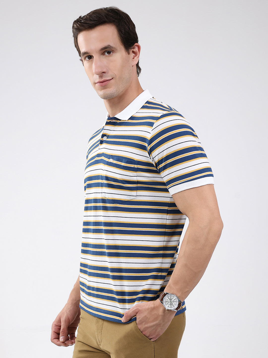 Men White & Blue Stripe Collar Half Sleeve T-Shirt