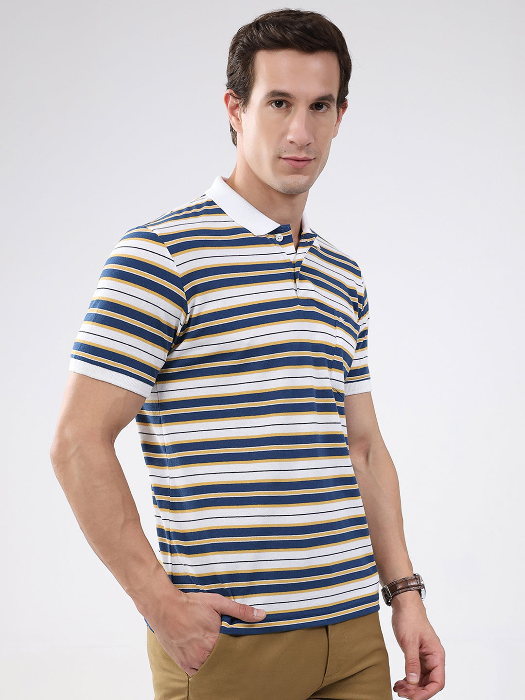 Men White & Blue Stripe Collar Half Sleeve T-Shirt