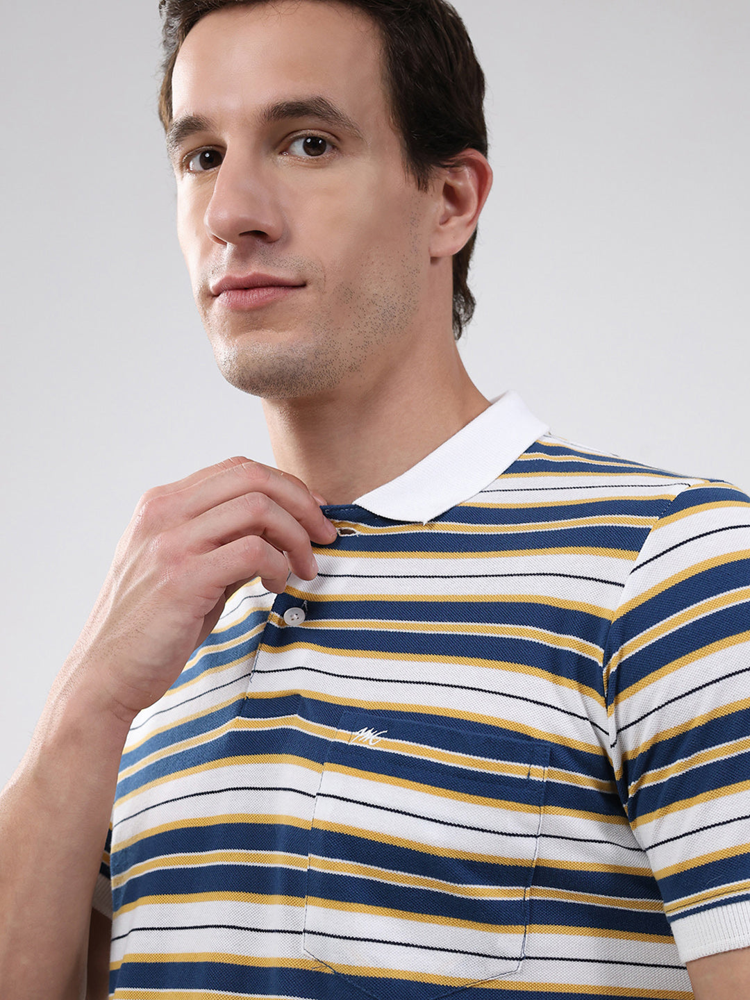 Men White & Blue Stripe Collar Half Sleeve T-Shirt