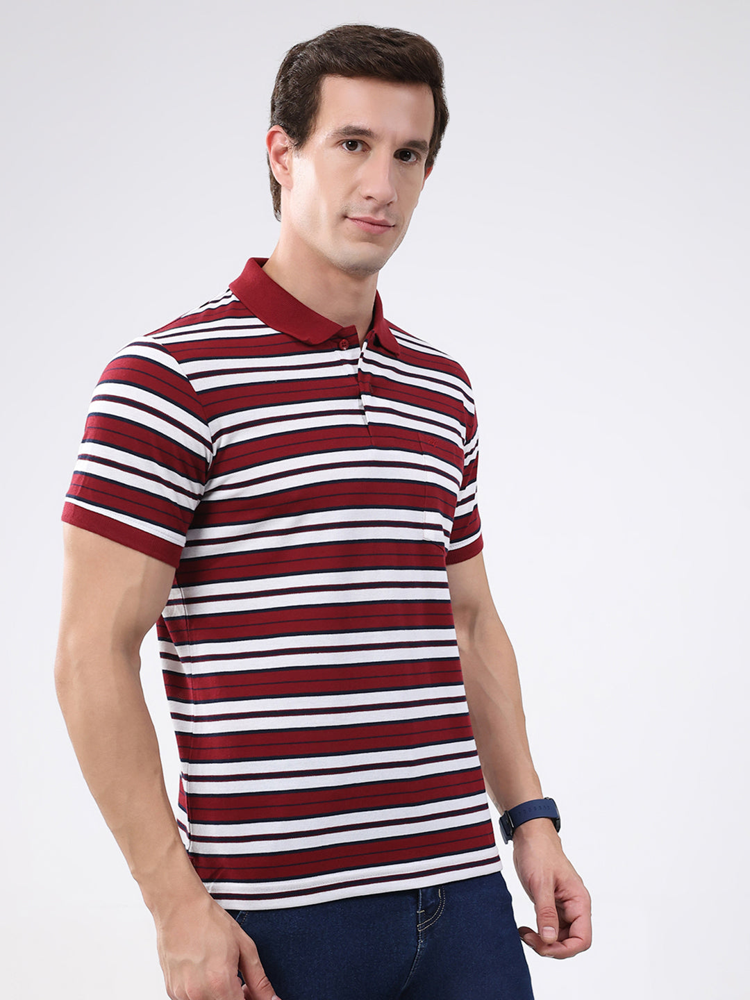 Men Maroon Stripe Collar Half Sleeve T-Shirt