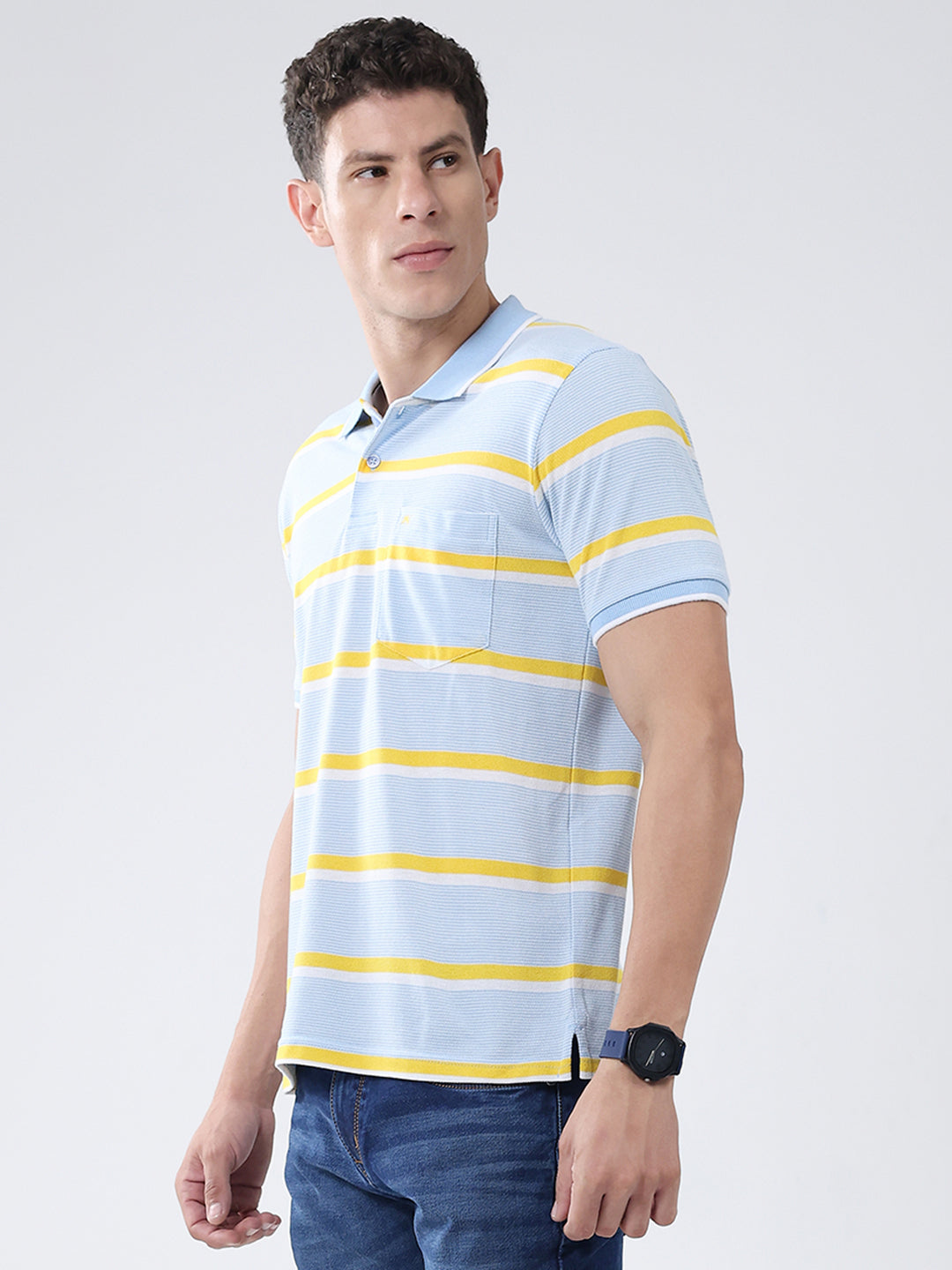 Men Blue Stripe Collar Half Sleeve T-Shirt