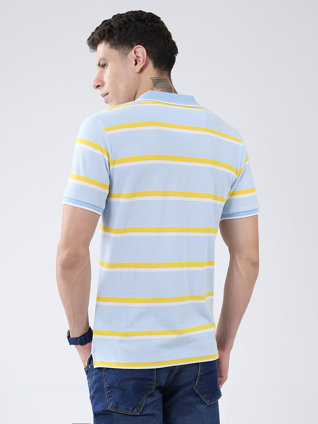 Men Blue Stripe Collar Half Sleeve T-Shirt