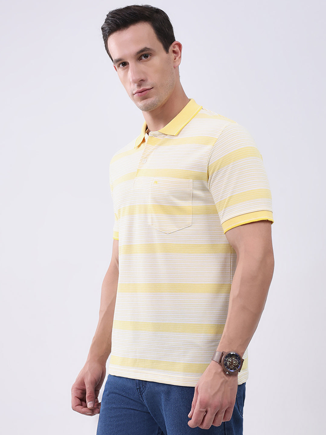 Men Yellow Stripe Collar Half Sleeve T-Shirt