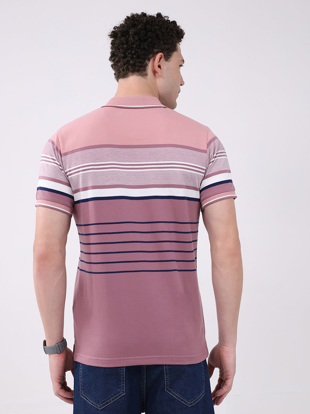 Men Pink Stripe Collar Half Sleeve T-Shirt