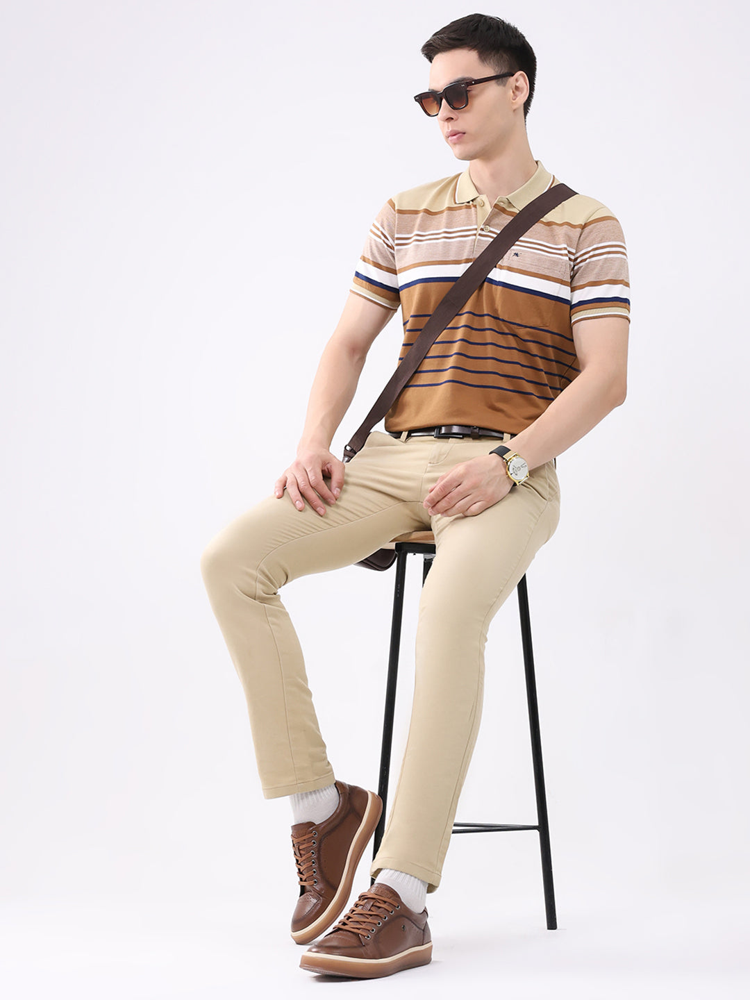Men Beige Stripe Collar Half Sleeve T-Shirt