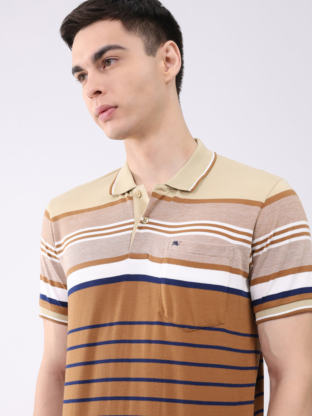 Men Beige Stripe Collar Half Sleeve T-Shirt