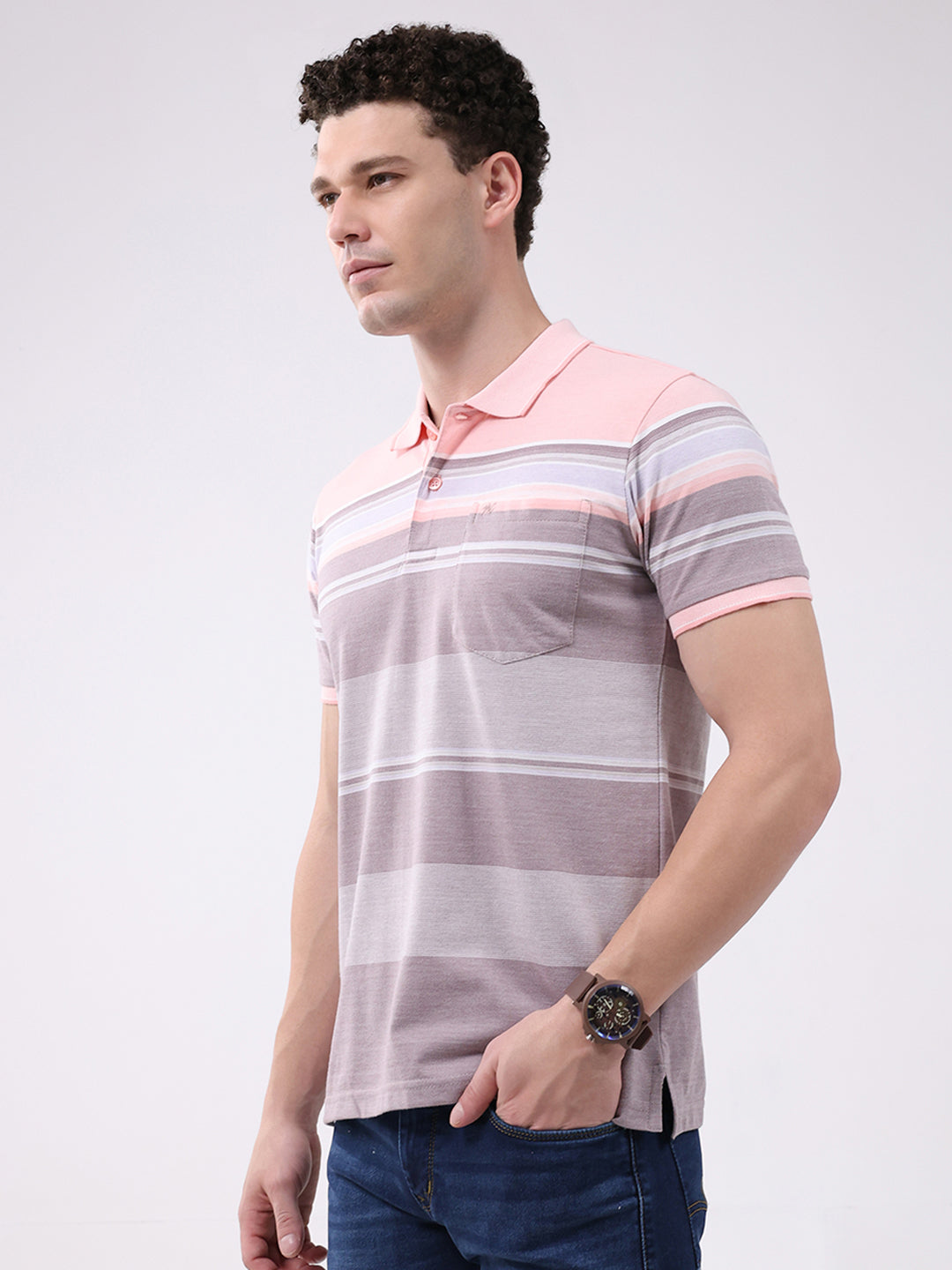 Men Pink Stripe Collar Half Sleeve T-Shirt