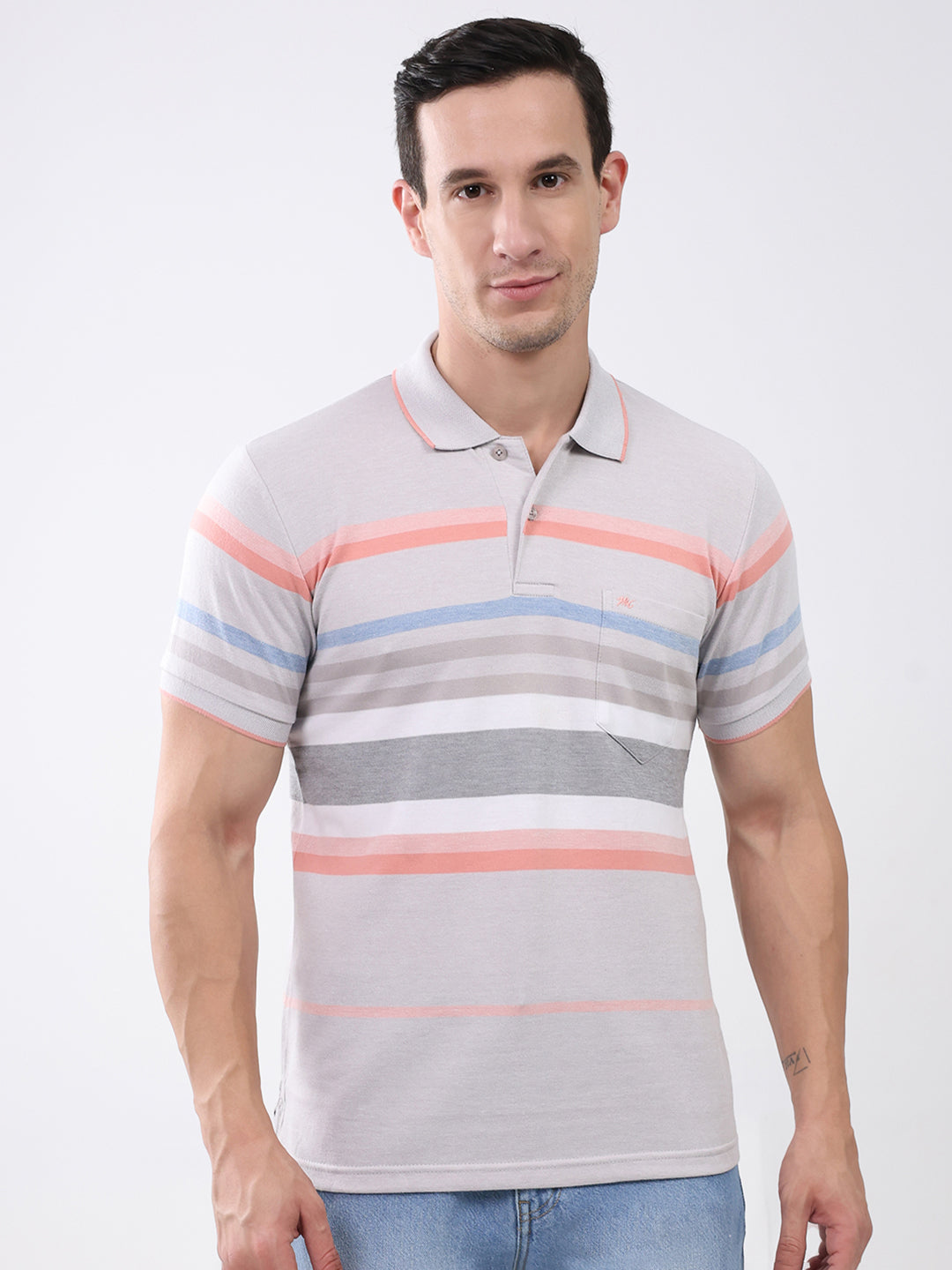 Men Grey Stripe Collar Half Sleeve T-Shirt