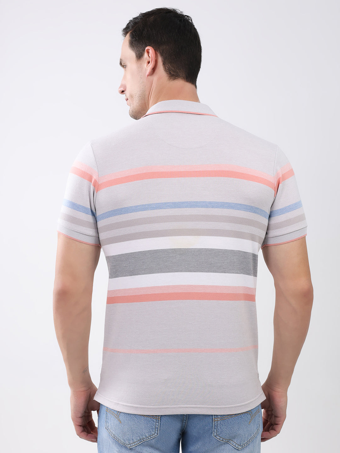 Men Grey Stripe Collar Half Sleeve T-Shirt
