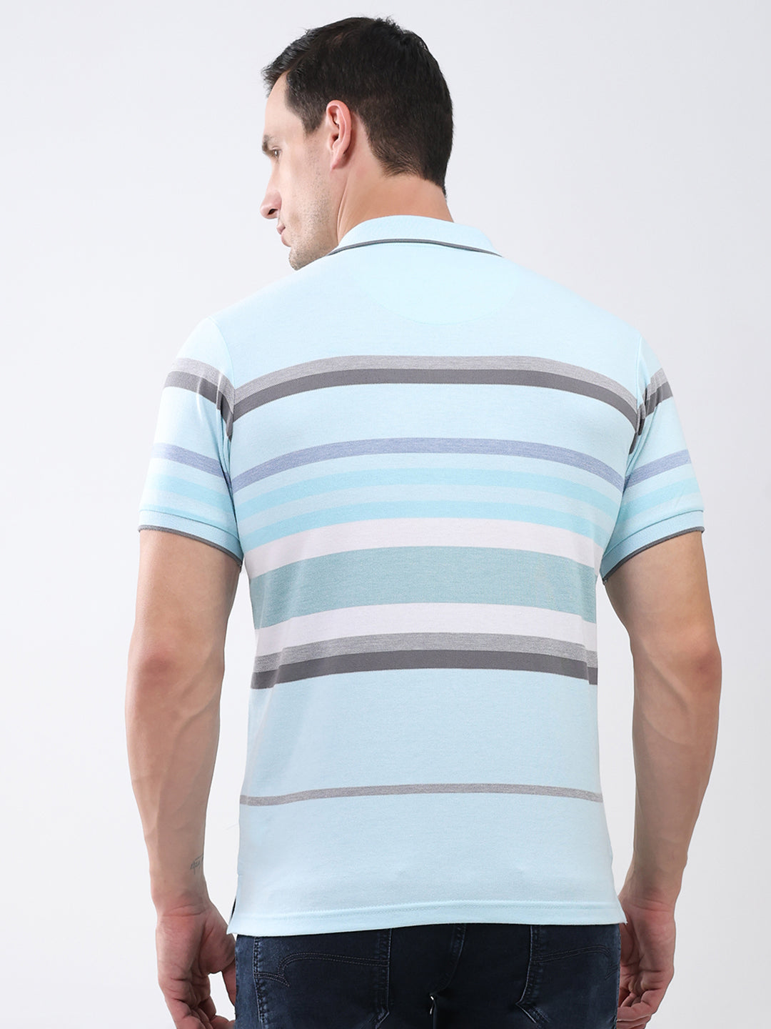 Men Sky Blue Stripe Collar Half Sleeve T-Shirt