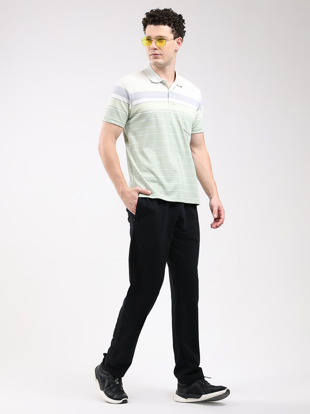 Men Green Stripe Collar Half Sleeve T-Shirt