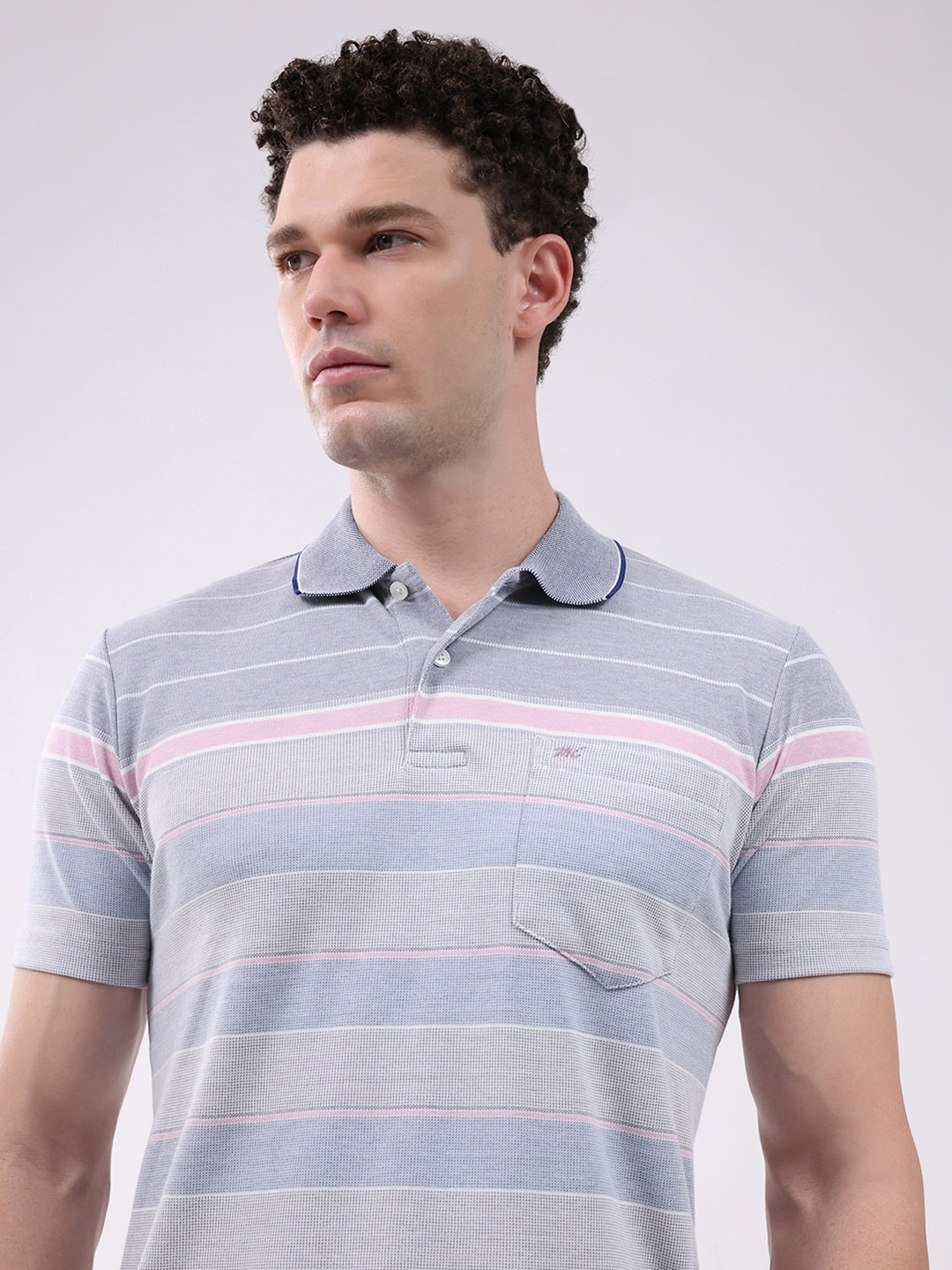 Men Blue Stripe Collar Half Sleeve T-Shirt